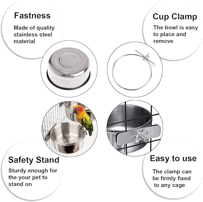 2 Pack Bird Food Bowl with 1 Fruit Skewer Holder, Stainless Steel Parrot Feeder with Clamp for cage,Stainless Steel Bowls for Cats and Dog, Bird Cage Food Water Bowls
