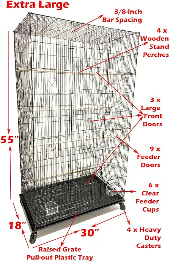 55" Extra Large Tight 3/8-Inch Bar Spacing Multiple Flight Bird Aviaries Budgie Canaries Finches Lovebirds Budgies Breeding Breeder Cage with Removable Rolling Stand