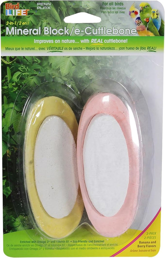 Penn-Plax Bird-Life 2-in-1 E-Cuttlebone & Mineral Block, 1 Pack (2 Counts) - Yellow Banana & Pink Berry Flavor - Enriched with Vitamins, Omega 3 & Honey - Easy Mounting - Great for All Bird Sizes