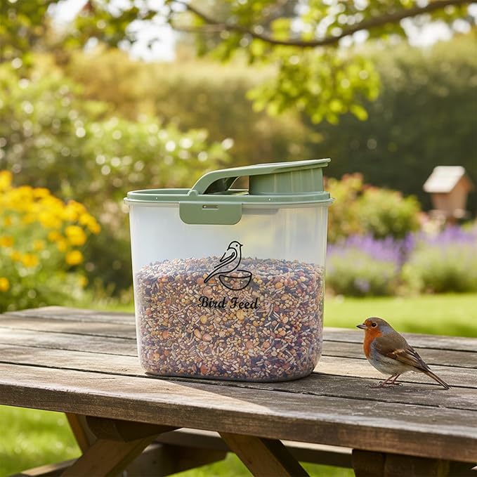 Bird Seed Storage Container, 2.1 Qt/2 L, Airtight, Flip Lid & Pour Spout, Bird Food Container with Scale for Sunflower Seeds, Portable Travel Kibble Storage Dispenser for Small Animal, Green