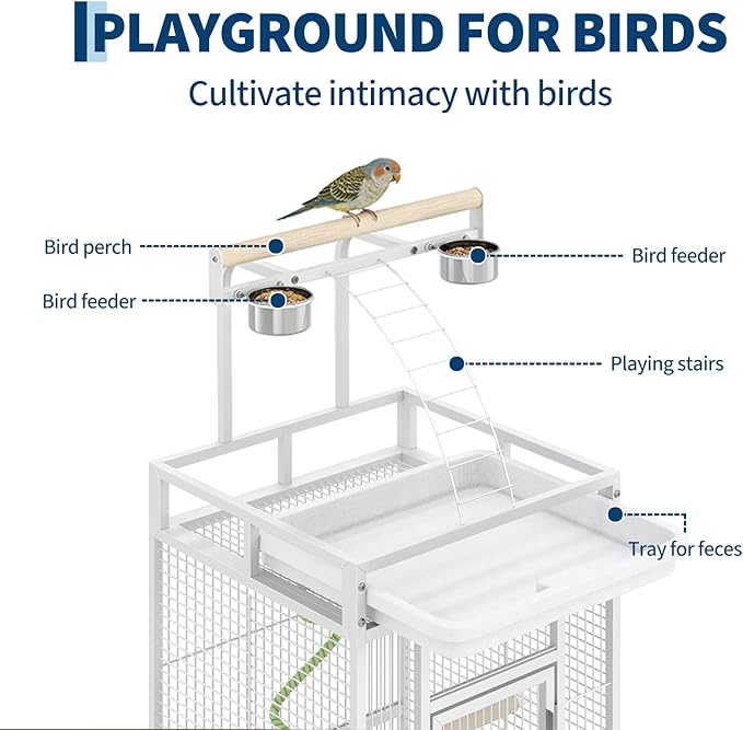 60" h Large Bird Cage, Indoor Parakeet Cage with Playtop, Bird Rope Perche, Heavy Duty Wrought Iron Bird Cage on Wheels for Parrots, Parakeets, Cockatiels, Conures