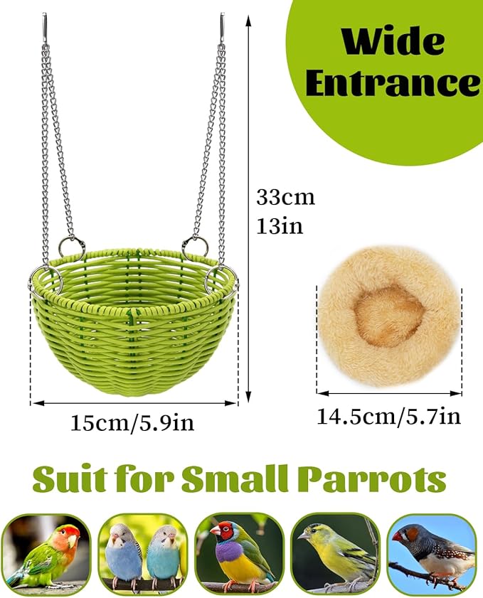 Bite-Proof Bird Nest for Cage with Removable Pad for All Seasons, Wide View Parakeet Nest for Nesting & Egg-Laying, Finch Nests Safe Small Bird Hammock for Cage for Lovebird Canary Budgie (Green)