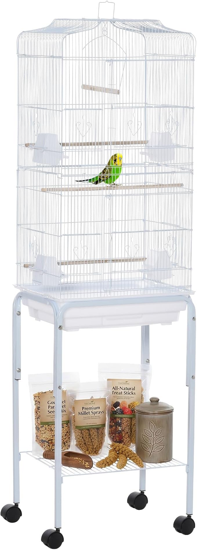 PawHut 60" Metal Indoor Bird Cage Starter Kit With Detachable Rolling Stand, Storage Basket, And Accessories, White