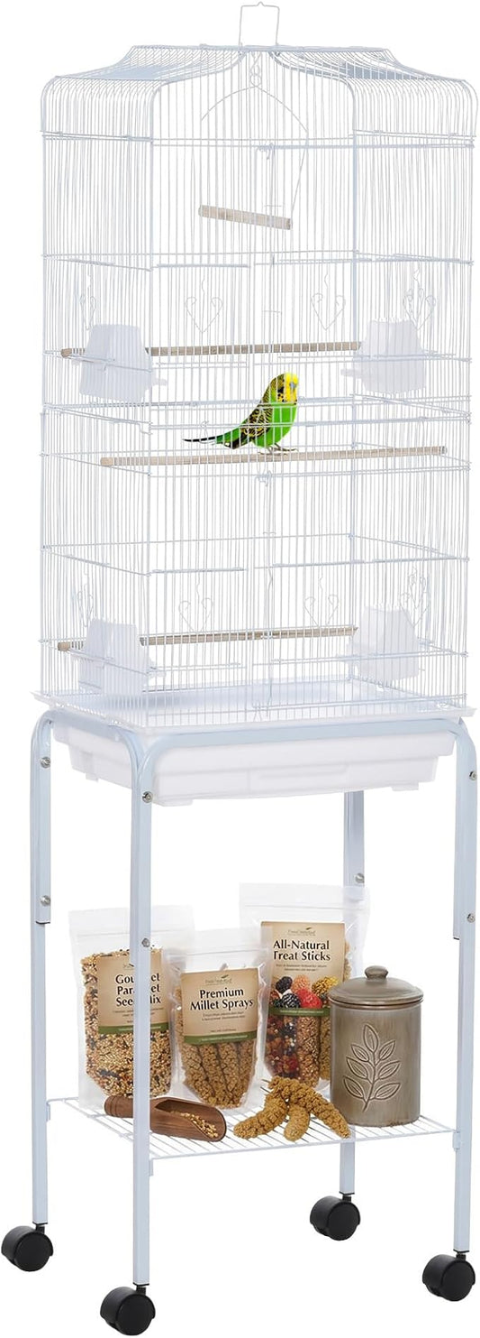 PawHut 60" Metal Indoor Bird Cage Starter Kit With Detachable Rolling Stand, Storage Basket, And Accessories, White