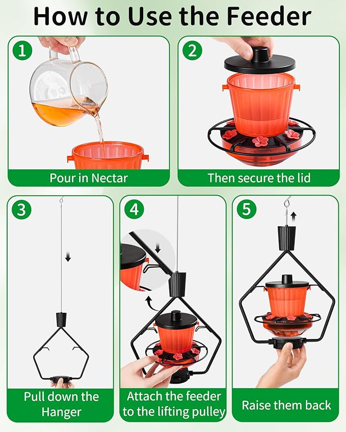 WROSWT Retractable Hummingbird Feeder, 19oz Top-Fill Wide Mouth with Height Adjustment, UV-Resistant ASA Plastic, 100% Leak-Proof Base& Dishwasher Safe Feeders for Outdoor Hanging, Black