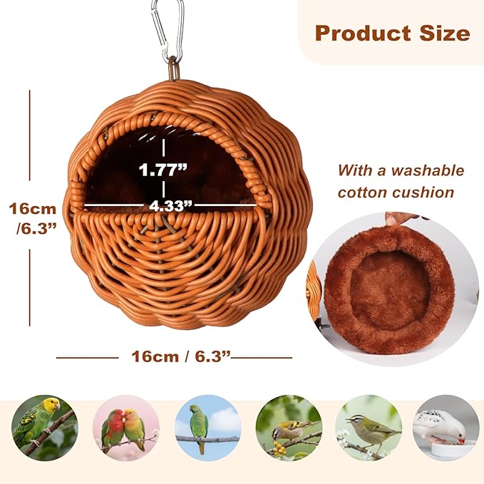 Bird Nest for Cage, Chew-Proof Natural Woven Hamster Hideout with Coconut Pad for Parakeets, Lovebirds, Sugar Gliders, Hamsters and Guinea Pigs (G-Type)