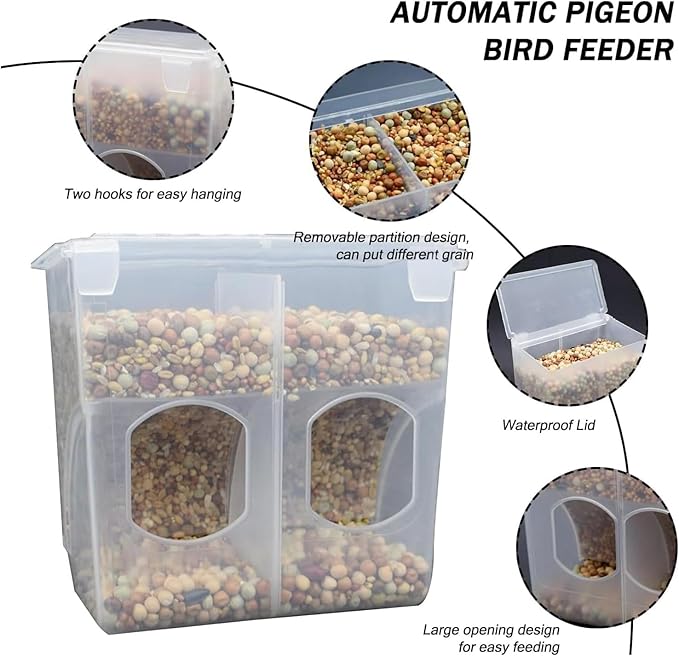 Automatic Pigeon Bird Feeder Water, 2 Pack Plastic Feeder Water Dispenser Drinkers for Cage, No Mess Hanging Parrot Food Bowl Container, Cage Accessories for Parakeet Quail Bird Chicken (2 Hole-Hook)