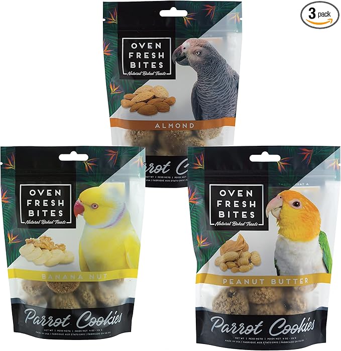 Oven Fresh Bites Natural Baked Treats, All-Natural Bird Treat Parrot Cookies, 4 Oz, Almond/Peanut Butter/Corn Fritter, 3-Pack
