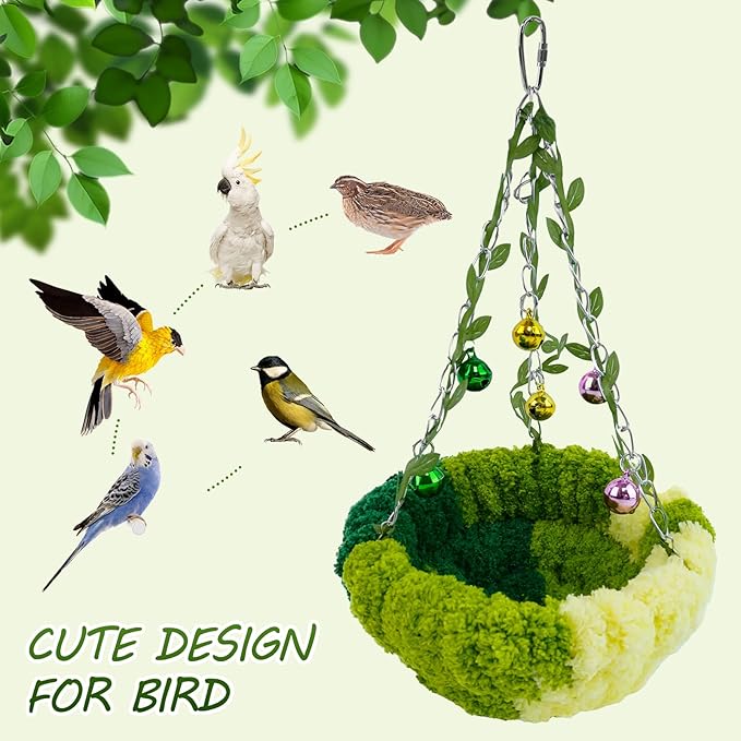Admaison Bird Nest with Bell for Cage,Plush Hanging Bird Bed for Parakeet Indoor & Outdoor,Breeding Bird House for Conure,Budgie,Cockatiel,Lovebird,Canary,Finch,Hamster,Small Pets,Warm Nest,Green L