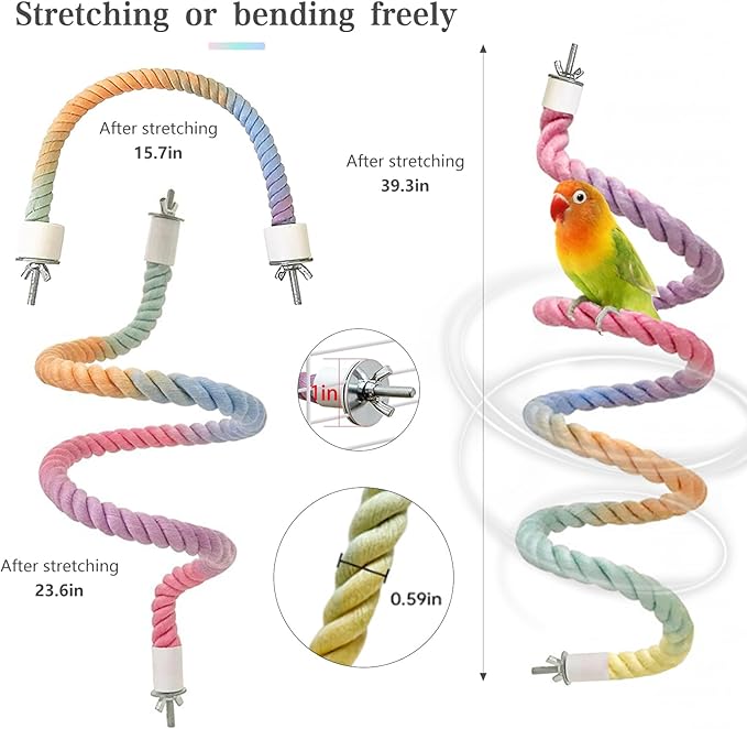 3pcs Gradient Colorful Bird Rope Perch Stand,Bird Cage Climbing Rope Toys Accessories,Bendable Climbing,Parakeet Lovebirds Cockatiels Budgies Play (15.7'',23.6'',39.3''BB)