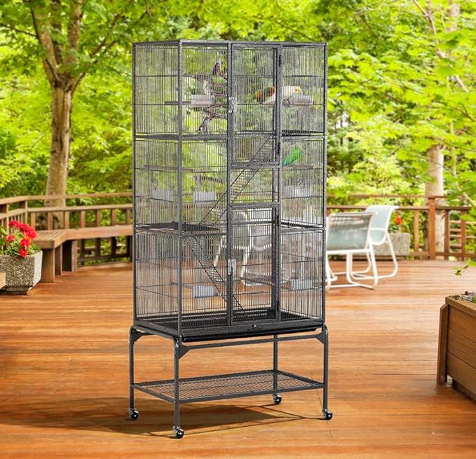 Topeakmart 3 Level Wrought Iron Large Parrot Bird Cage for 3 Parakeets with Detachable Stand, Black