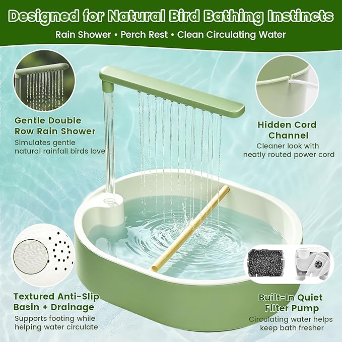 Bird Shower Bath Set for Budgies, Cockatiels & Small Parrots, Indoor Bird Bath Shower with Waterproof Splash Mat, Bird Perch Stand and Bath Accessories