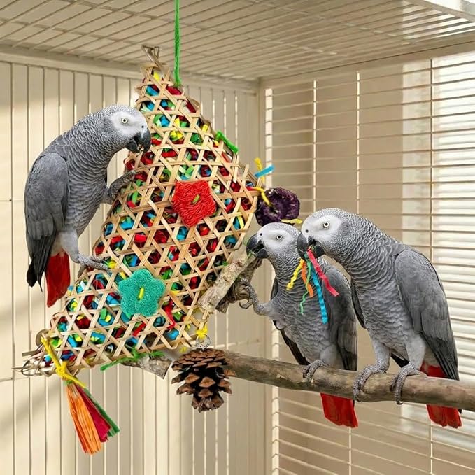 Parakeet Chewing Hanging Toy, Parrot Beak Toy Bird Foraging Toys with Natural Wood & Bamboo Shell, Cage Bite Toy for Small Parrots, Safe Bird Chewing Toys for Cockatiels Conures Lovebirds