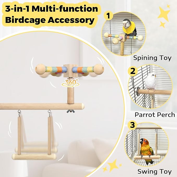 Bird Perch & Swing Toy Combo, Bird Toys for Parrots with 360° Spin Function, Hanging Parakeet Swing Birds Cage Accessories Toys, Multi-functional Wooden Birds Activity Gym for Cockatiel Lovebird