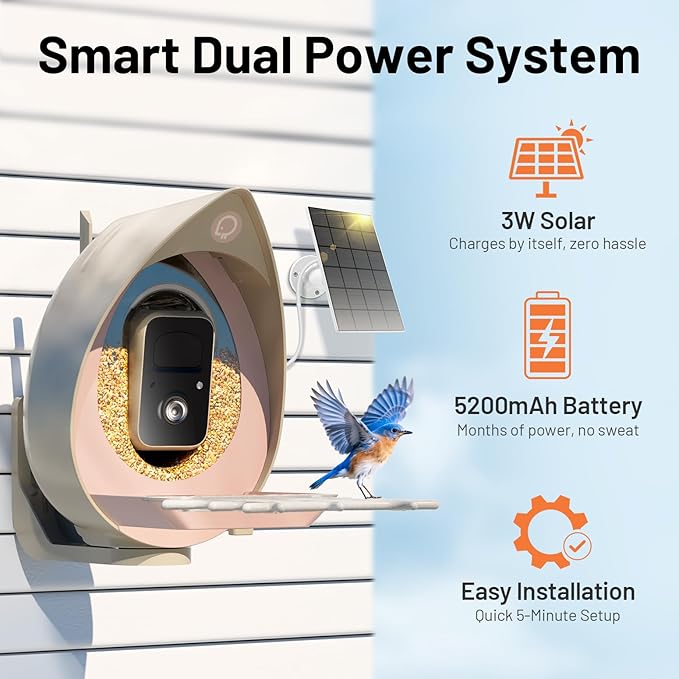 Smart Bird Feeder with Camera Solar Powered Outdoor - 2K HD Live Video, AI Bird ID (11,000+ Species), Squirrel-Proof, Instant Alerts & IP65 Weatherproof Outside, Great Gift for Birdlovers,Light Camel