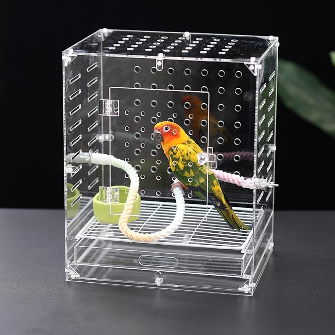 Clear Acrylic Bird Cage for Small Birds, Transparent Display Habitat for Canary, Parakeet - Easy to Clean & Assemble (9x12x15in)