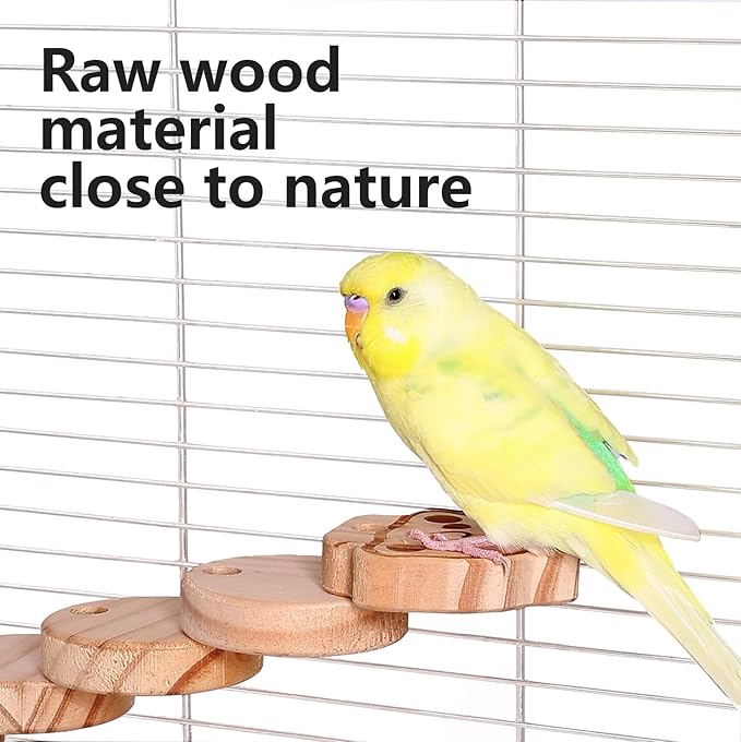 Natural Wood Bird Ladder Perch Toy - Chewable Safe Parrot Climbing Toy for Cockatiel, Finch & Other Small to Medium Birds, Bird Cage Accessories with Easy Screw Installation (Cartoon Parrot Pattern)