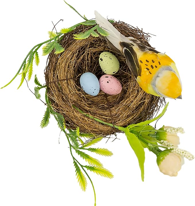 Berfutall-Easter Artificial Nest Natural Bird Nest Kit Includes Artificial Twig Nest, Fake Foam Feather Birds, Foam Eggs Ornaments for Crafts Home Party Decor