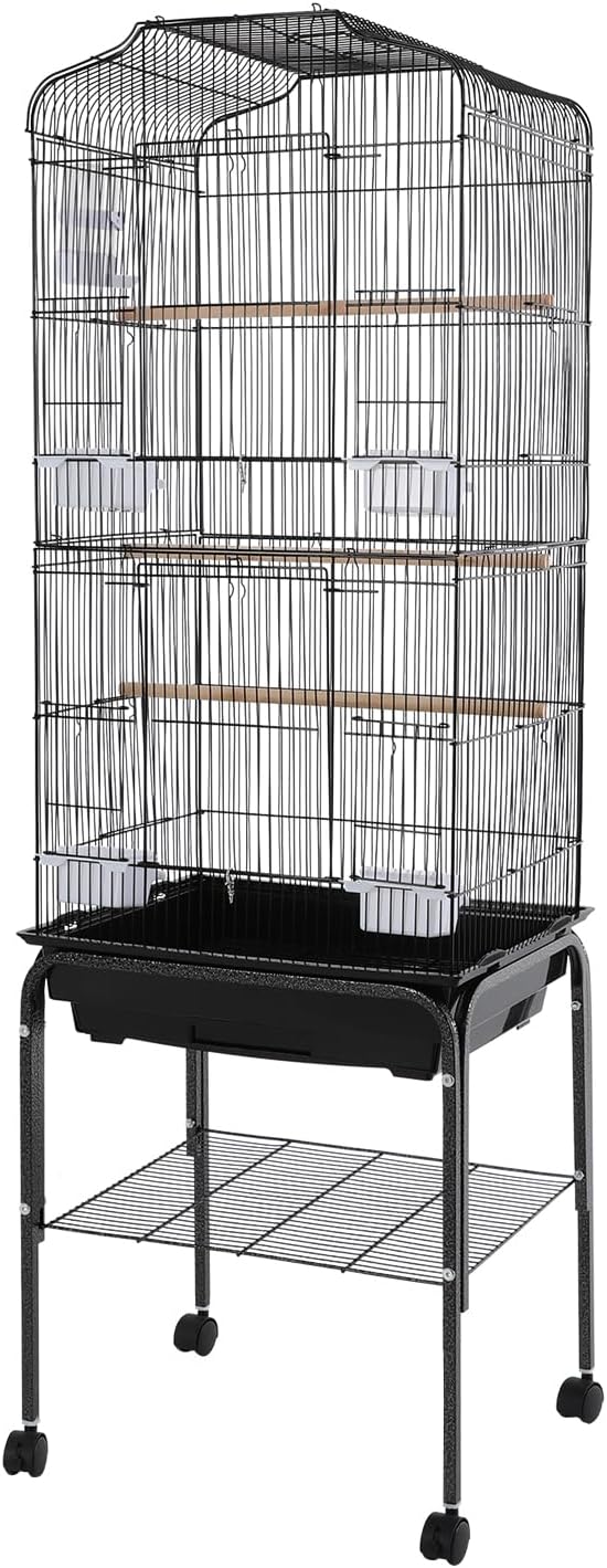 Large Bird Cage with Stand & Wheels, Freestanding Parakeet Birdcage with Feeding Bowls & Waterer, 54 Inch Bird Flight Cages for Parrot Canaries Cockatiels Budgie Parrotlet (Black)
