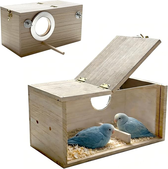 Parakeet Nesting Box, 9.65 X 5.12 X 5.12 INCH Transparent Bird Nest Breeding Box with Perch Parrot Mating Box Wood Bird House Aviary for cage (M Horizontal Wood)