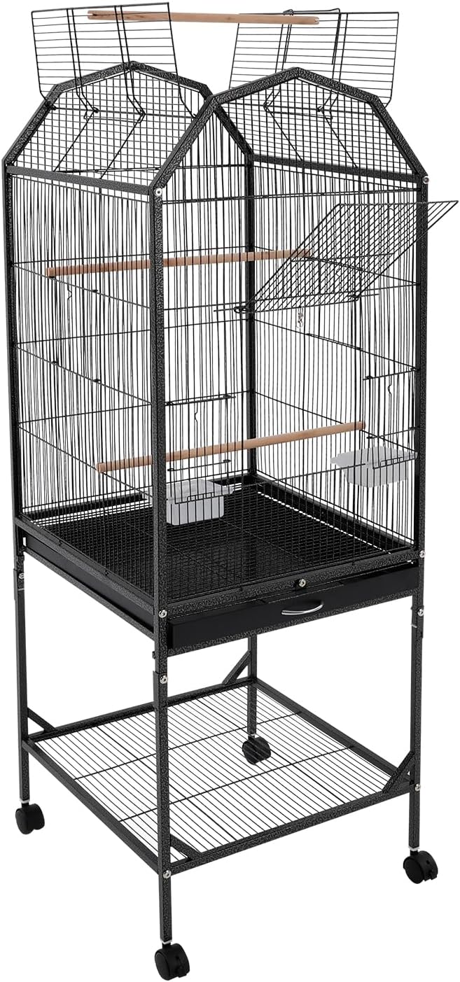 Large Bird Cage with Stand & Wheels, Freestanding Parakeet Birdcage, 53.5 Inch Bird Flight Cages for Parrot Canaries Cockatiels Budgie Parrotlet (Black-B)