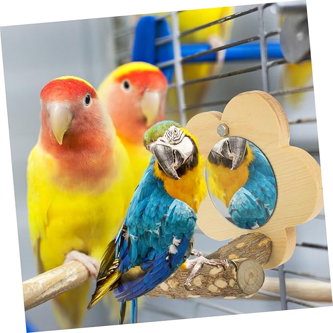 Mipcase 2pcs Wooden Parrot Perch with Mirror Decorative Bird Stand for Parrots Pets and Bird Cages for Training and Playtime Activities
