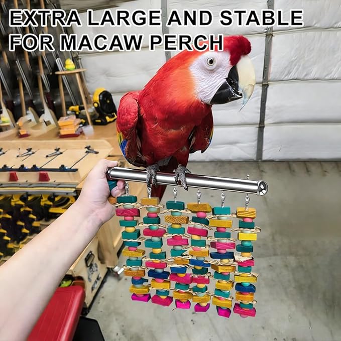 Large Bird Toys for Macaws, Stainless Steel Multicolored Wooden Blocks Bird Chewing Toy Parrot Cage Bite Toy for Macaws Cokatoos African Grey and Large Medium Parrot Birds