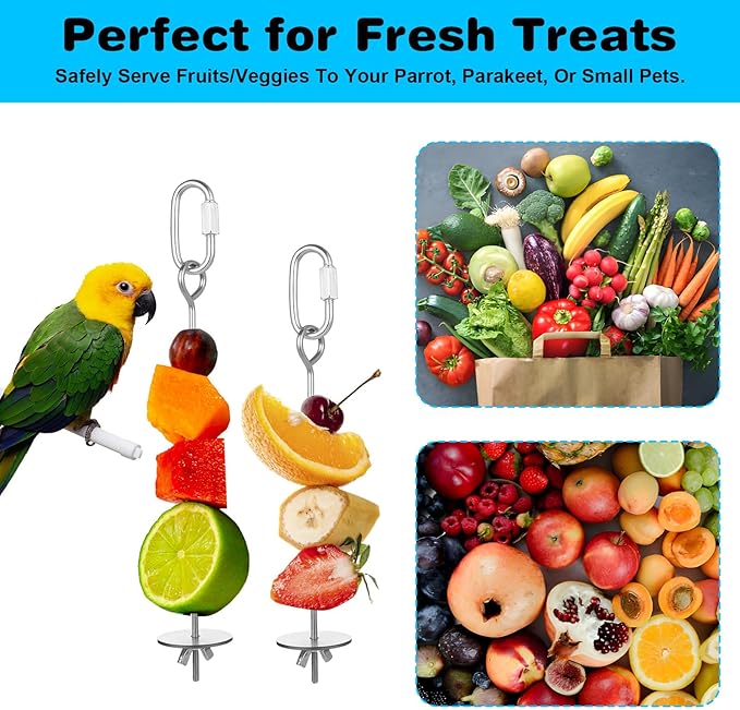 3 Pack Bird Cage Food Holder, Rat Foraging Toys, Stainless Steel Parrot Fruit & Vegetable Skewer Hanging Foraging Toy for Parakeets, Budgies, Macaws