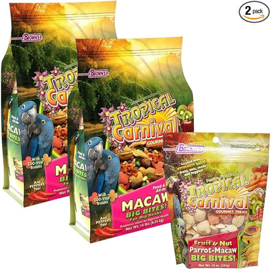 Tropical Carnival Brown’s Gourmet Macaw Bundle (2) Gourmet Macaw Big Bites Food for Big Beaks 14lb and Fruit & Nut Big Bites Treats. 10oz