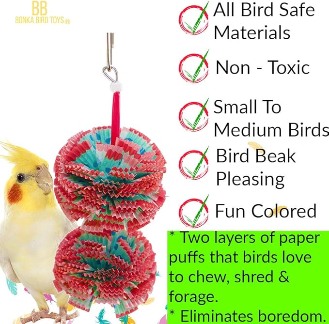 Bonka Bird Toys 1065 Duo Paper Puff 8" High by 3" Wide Small Parrot Chew Cage Toy, Cockatiel, Parakeet, Lories, and Similar Sized Birds
