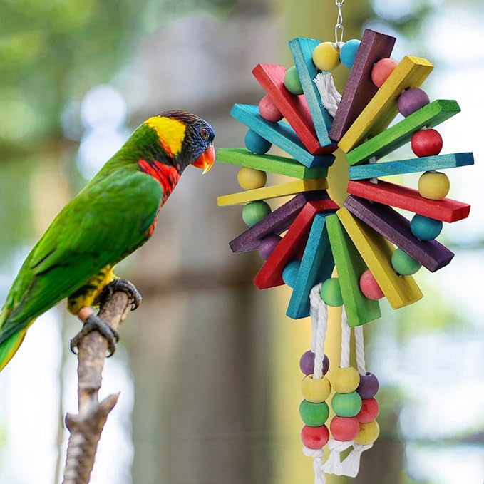 Litewoo Parrot Hanging Chew Toy Bird Bite Swing with Colorful Wood Beads Bells for Parrot Macaw African Greys Cockatiels Cage Accessories (Colorful Wood Toy)
