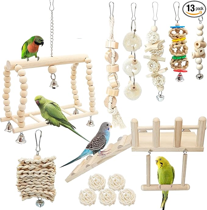 Hamiledyi 13Pcs Parrot Swing Chew Toys Bird Perches Platform with Climbing Ladder Hanging Cage Accessories for Parakeet, Conure, Finch, Lovebirds, Budgie, Canary Standing