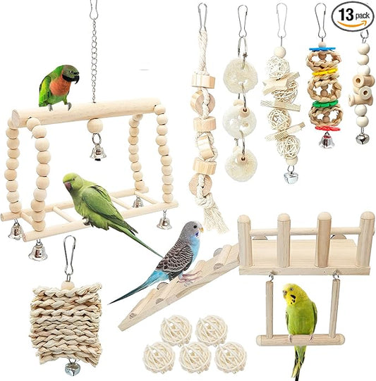 Hamiledyi 13Pcs Parrot Swing Chew Toys Bird Perches Platform with Climbing Ladder Hanging Cage Accessories for Parakeet, Conure, Finch, Lovebirds, Budgie, Canary Standing