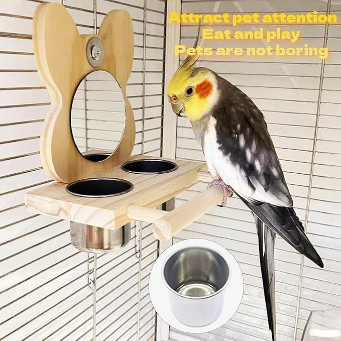 Bird Feeder with Stainless Steel Dish, Natural Wood Perches & Mirror - Easy Clean/Refill for Cockatiels, Lovebirds, Canaries, Finches, Budgies & Small/Medium Birds - Parrot Cage Accessories