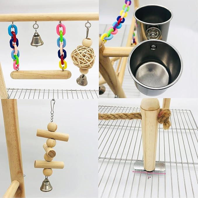 Bird Playground Top Cage, Parrot Gym Hanging Chewing Toys, Cage Top Play Stand for Conure, Parakeets, Budgie, Cockatiels, Lovebirds, Wood Perch Toys