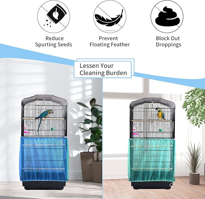 Daoeny Universal Bird Cage Cover, Adjustable Seed Feather Catcher, Soft Airy Nylon Mesh Parrot Net, Birdcage Cover Skirt Sheer Guard for Round Square Cages (Blue)