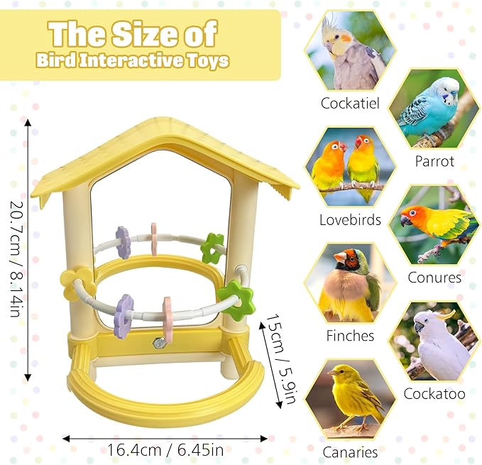 kathson Bird Mirror with Plastic Perch and 5PCS Colorful Rattan Balls Parakeet Hanging Swing with Mirror Interactive Toy Bird Cage Accessories for Cockatiel Parrot Conures Cockatoo Finch(Yellow)