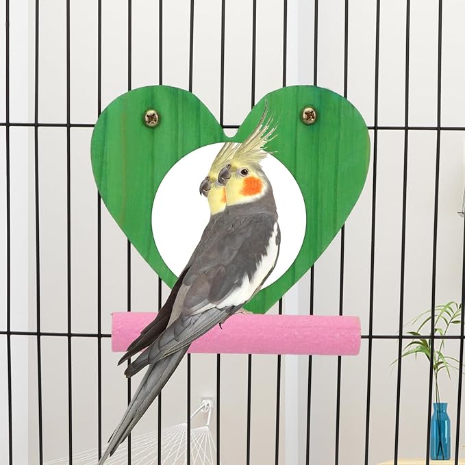 Hypeety Bird Mirror Toy Cage Standing Perch Wood Toy Parrot Parakeet Budgies Cockatiel Conure Finch Lovebird African Grey Macaw Amazon Cockatoo Birdcage Wood Stand Perch(Color Random) (Heart Shape)