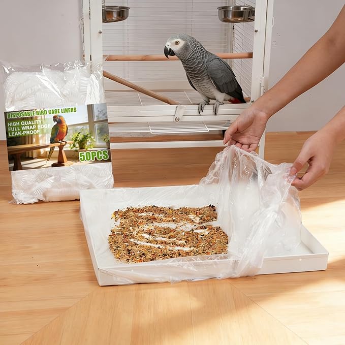 50 Pcs Disposable Bird Cage Liners, 34x22 Inch - Transparent PE Liners for Large Parrot Cages, Fit Amazons, African Greys, Macaws, Easy-to-Clean Tray Accessories