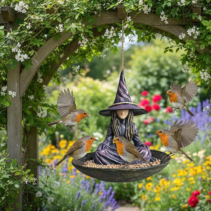 Meditating Witch Garden Bird Feeder,Creative Purple Resin Witch Hat Hanging Feeder,Witchs Garden Bird Feeders for Outdoors,Resin Birdfeeder Statue with Rope Hanger for Patio Backyard Lawn GardenDecor