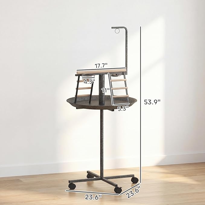 PawHut Bird Stand, Parrot Stand with Wheels, Perch, Stainless Steel Feed Bowls, Round Tray for Indoor Outdoor, Dark Gray