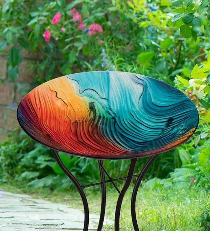 Regal Art & Gift Bird Bath with Stand - Durable Glass Bowl with Heavy-Duty Metal Stand, Easy to Fill, Ideal for Patio, Porch & Garden Décor - Swirl Multi