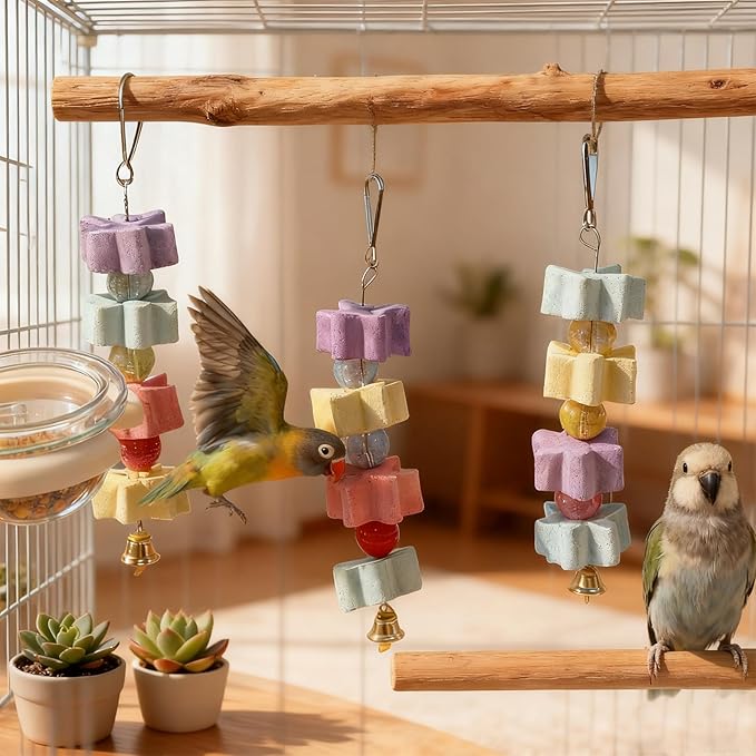 4Pieces Parrot Beak Trimmer Bird Beak Grinding Stone Teeth Lava Block Mineral Calcium Rock Chewing Toys with Bell for Parakeet Conure Budgies Rabbit Chinchilla Hamster