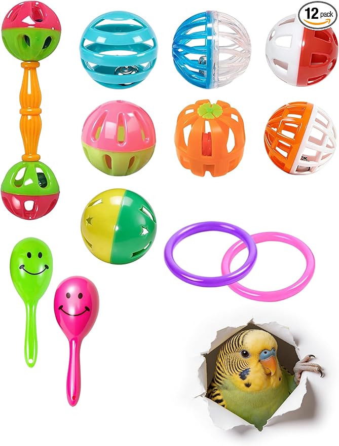 12 Pcs Bird Toys Colorful Chew Ball Toys with Bells for Small Medium Pet Birds Parakeets Cockatiels