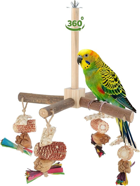 Rotating Bird Perches, Natural Wooden Perch with Chew Toy, Bird Toys for Small & Medium Birds, Large, Natural Wood Color, 1 Set