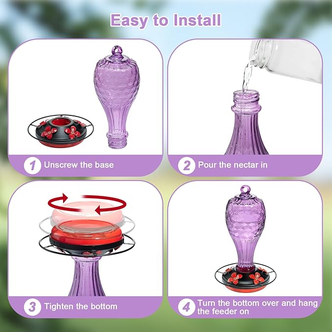 20 oz Hand-Blown Glass Hummingbird Feeder, Hanging Hot Air Balloon Design, Leak-Proof Silicone Seal, Ant-Proof, Outdoor Garden Decor Gift for Mom, Purple