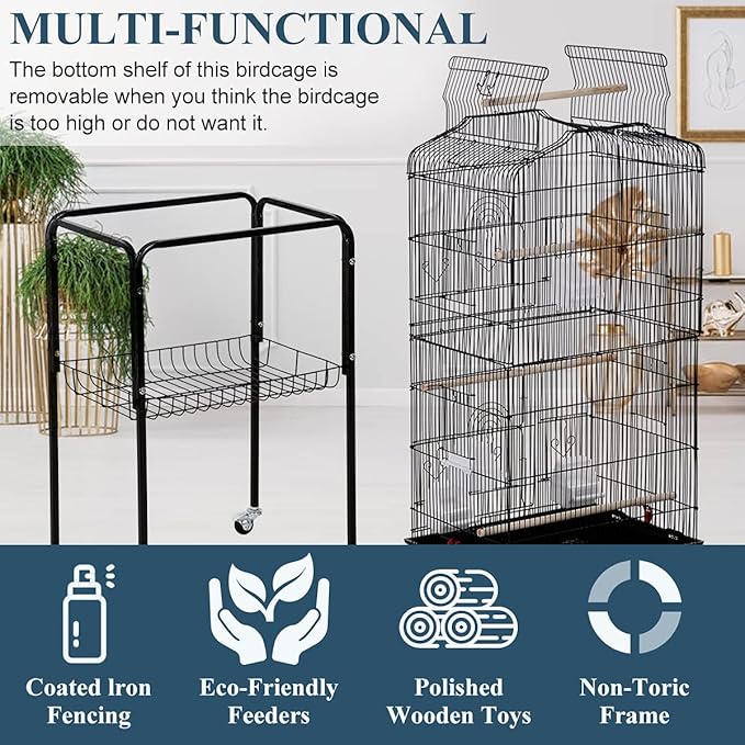 Dkeli Bird Cage, 64 in Open Top Parakeet Cage with Rolling Stand for Medium Small Cockatiel Macaw Conure Lovebird Canary Bird Wrought Iron Flight Pet House with Storage Shelf, Black