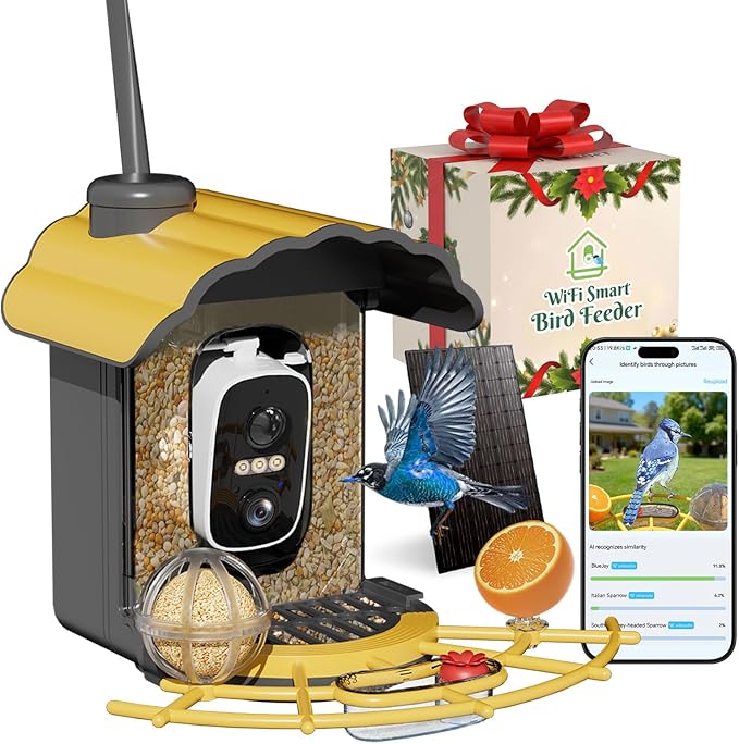 Smart Bird Feeder with Camera: Hummingbird Feeder with Solar Powered for Outdoors, Bird House with 2K HD Video & AI Bird Species Identification, Arrival Alerts, Gift for BirdLovers - Yellow