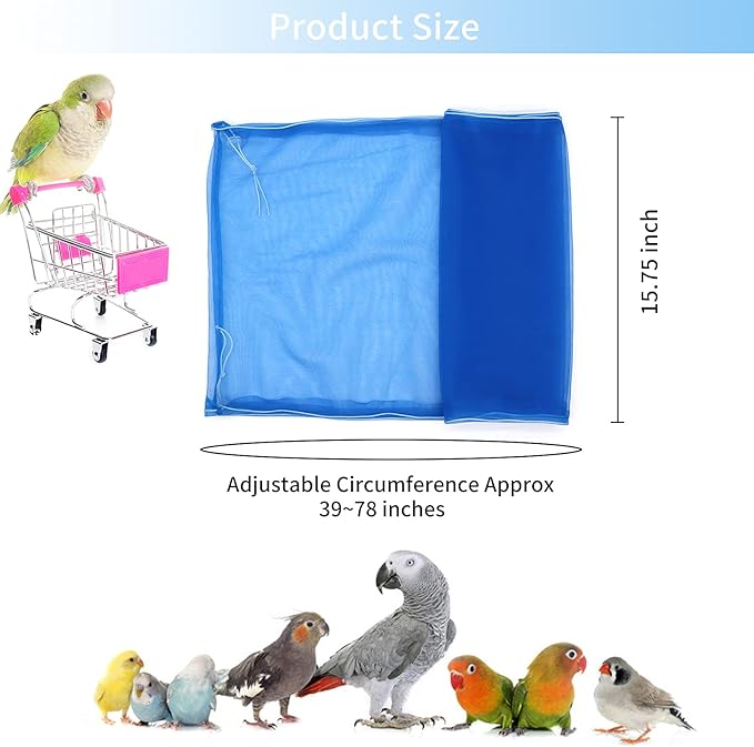 Daoeny Universal Bird Cage Cover, Adjustable Seed Feather Catcher, Soft Airy Nylon Mesh Parrot Net, Birdcage Cover Skirt Sheer Guard for Round Square Cages (Blue)