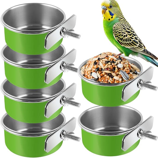 6 Pcs Stainless Steel Bird Bowls, Small Bird Food Dishes for Cage, Parrot Cage Feeder with Clamp Holder for Parakeet/Cockatiels/Conure/Budgies/Ferret/Small Animal